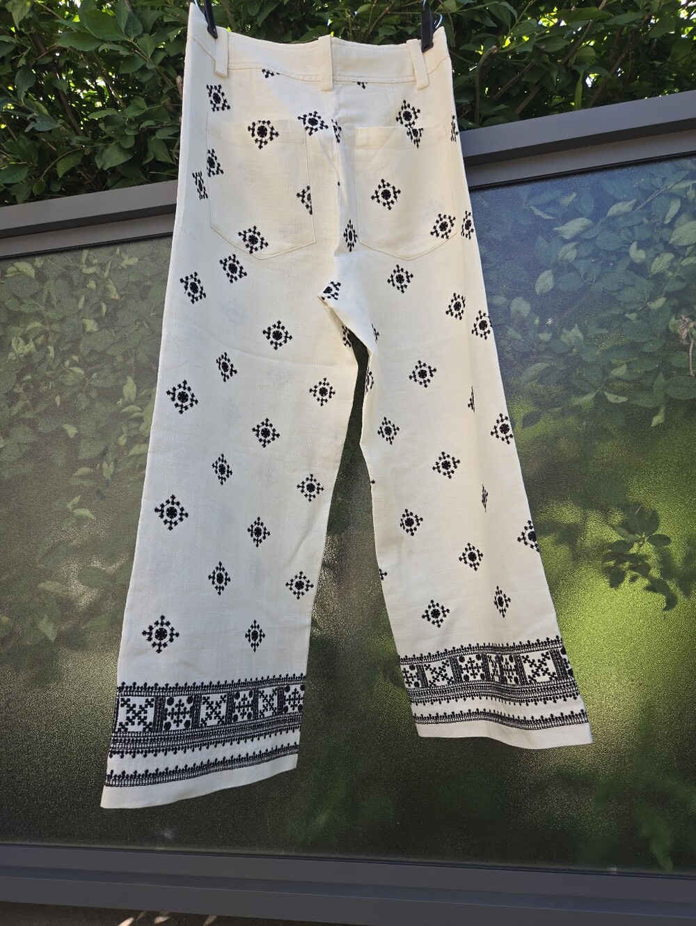 Zara Cream Wide-Leg Pants with Black Embroidery NEW US S/26 Patriotic